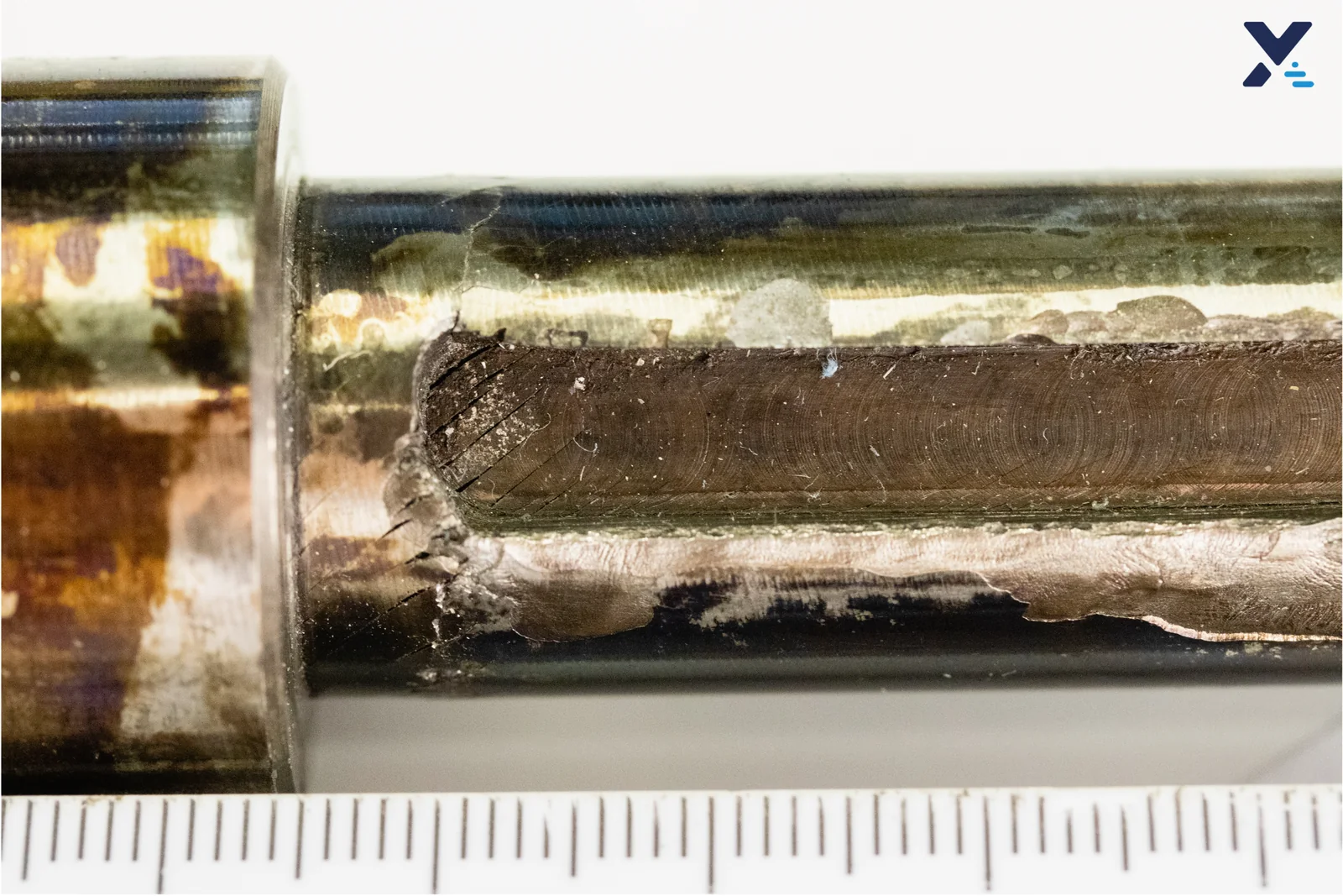 Close-up of crack damage on the extrusion screw stub shaft