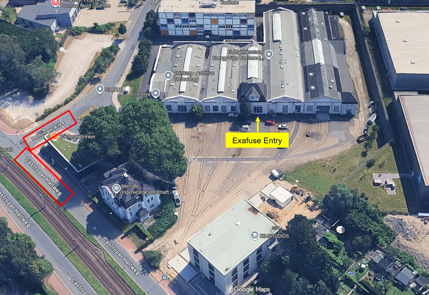 Arrival map showing the marked Exafuse entry on Lothringer Allee in Bochum